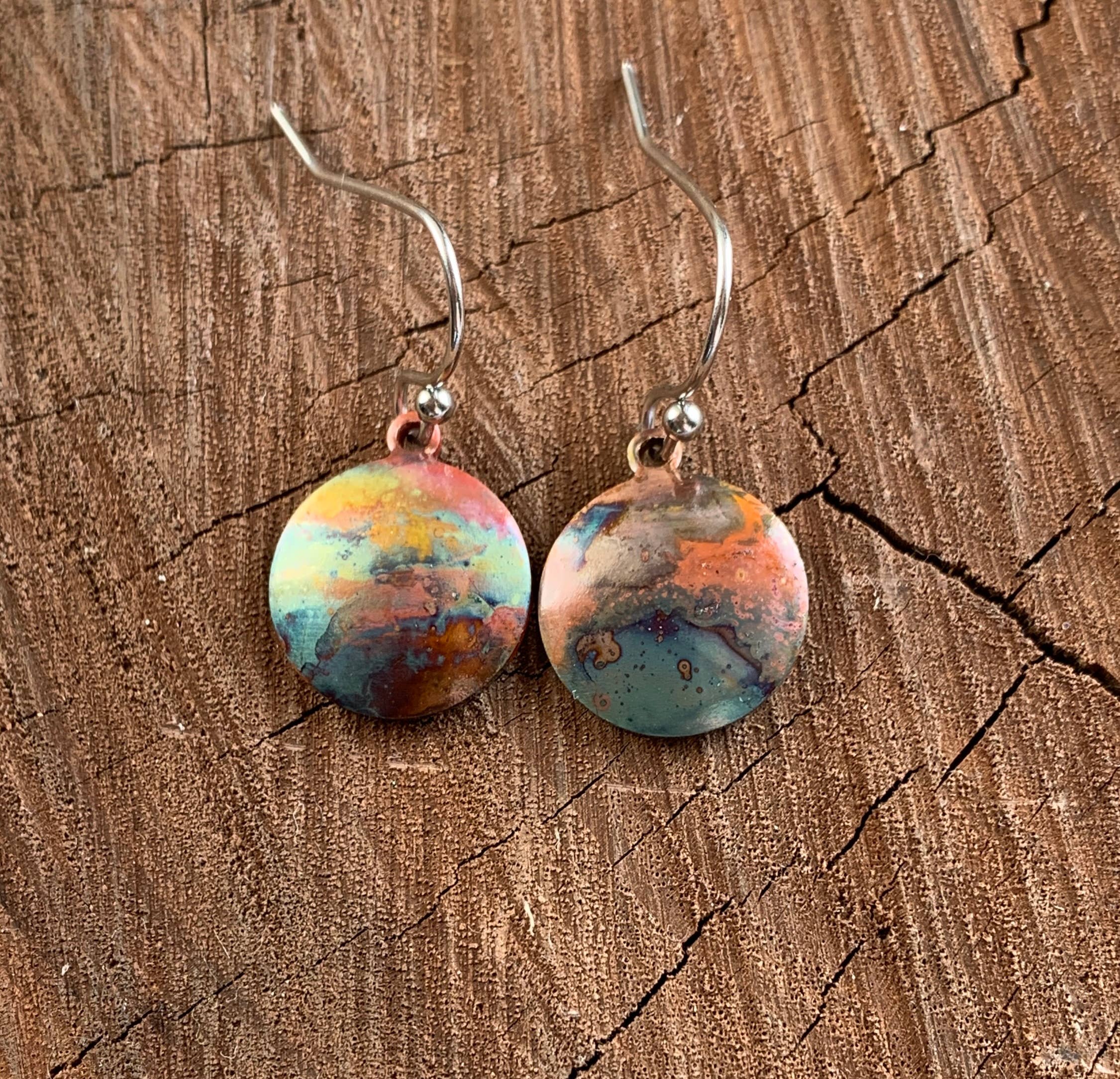 Small Round Fire Painted Copper Earrings