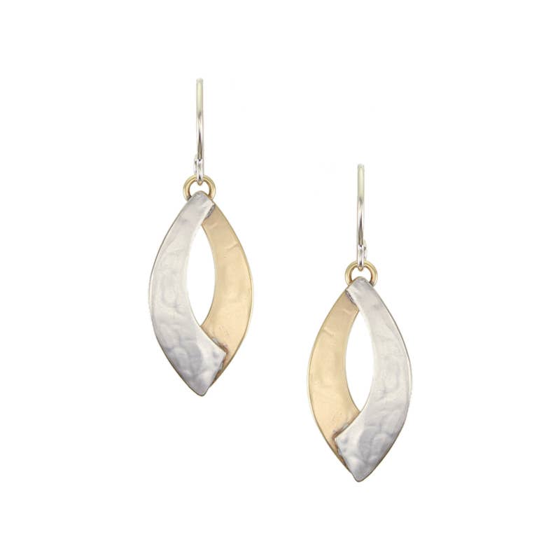 Small Overlap Swoops Wire Earring featuring elegant two layered hammered brass and silver design, delicate wire backing, ideal for casual and formal wear.