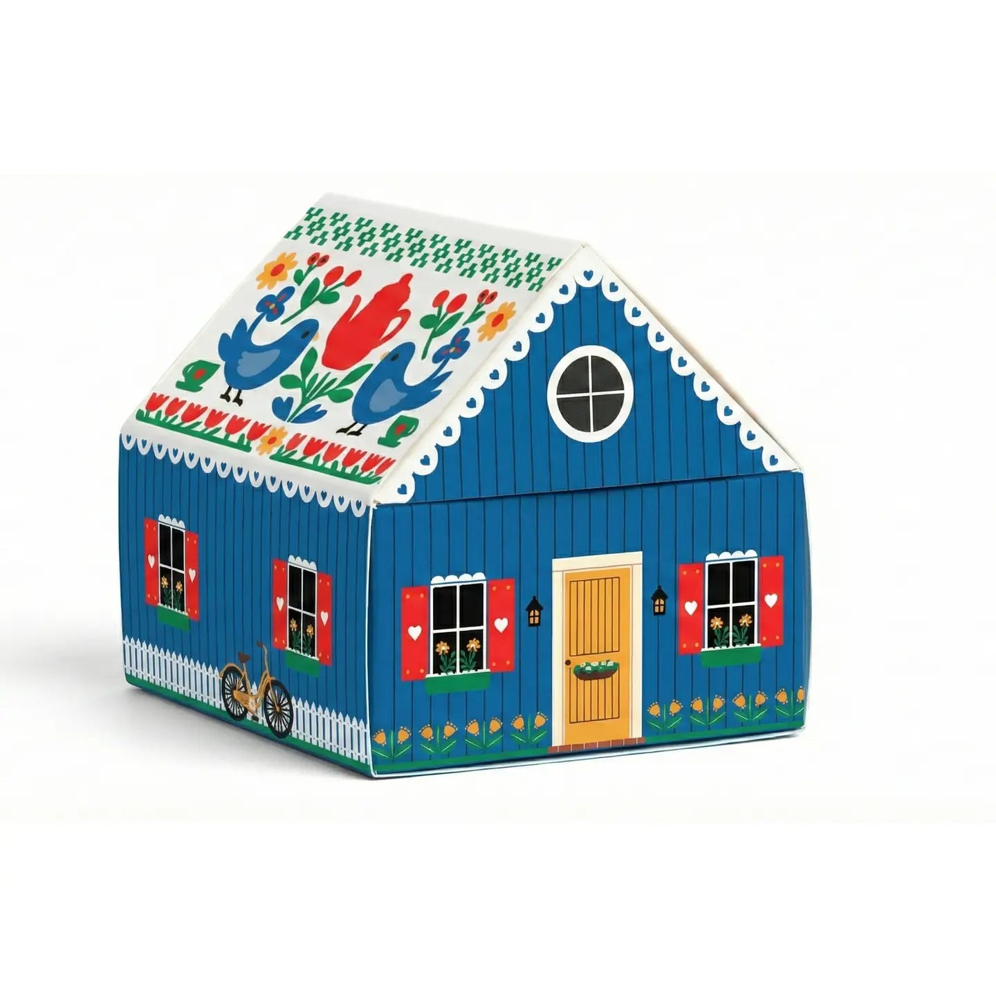 Swedish Dream Tiny Living Matchbook Cottage in blue design by Kalastyle Soap Co. adorned with charming illustrations and a cozy wooden door.