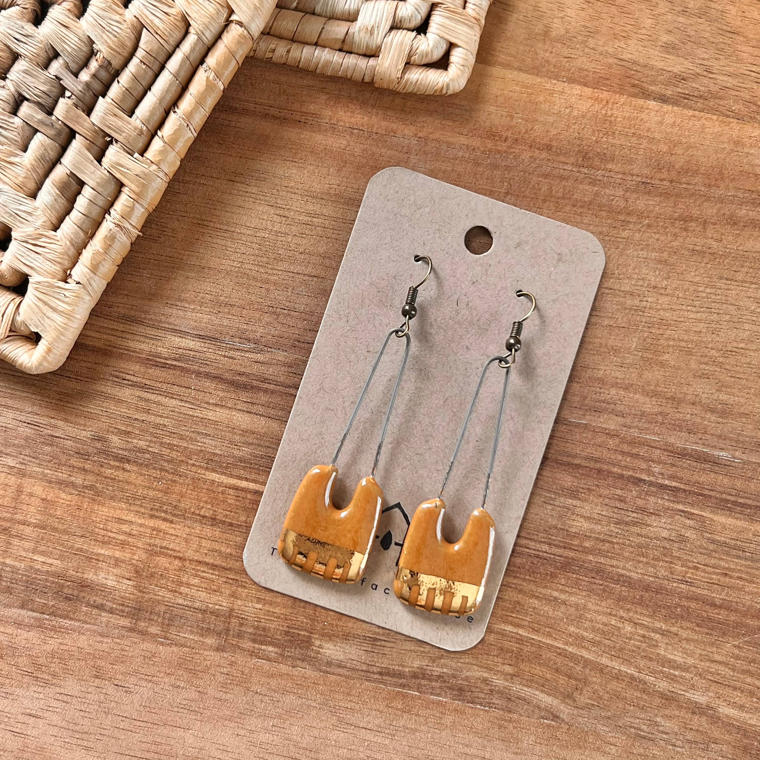 Orange Saddle Gold Dropped Rectangle Ceramic Earrings