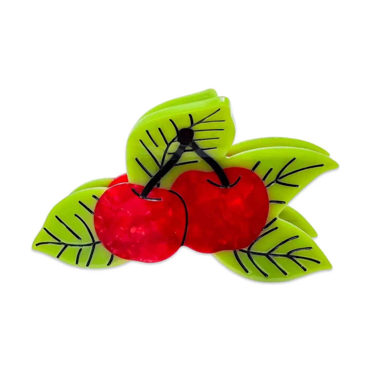 Colorful cherry-themed hair claw by Jenny Lemons, part of the Assorted Fun Foods collection. This hair accessory features vibrant red cherries atop green leaves, crafted from cellulose acetate.