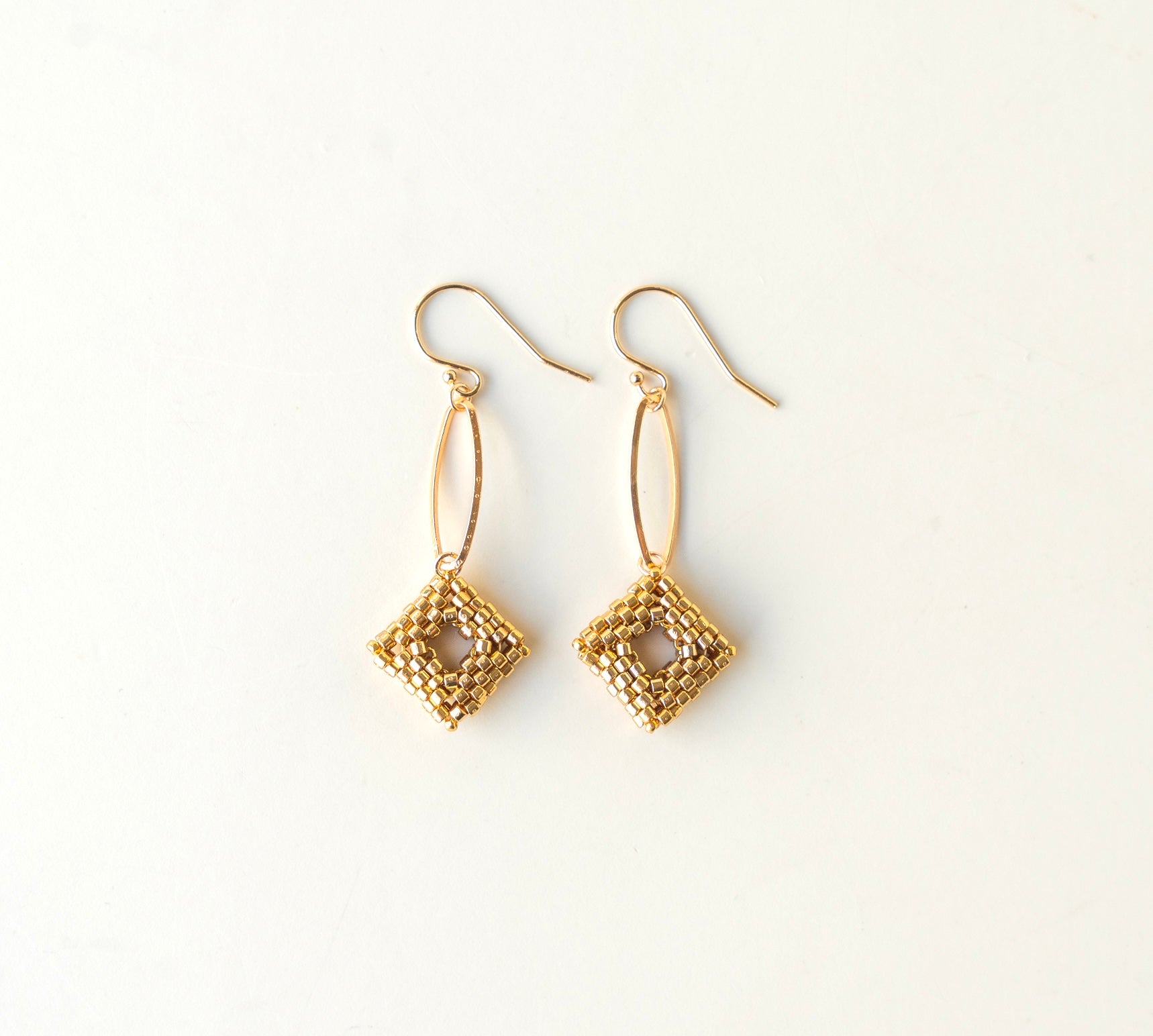 gold beaded square drop earrings