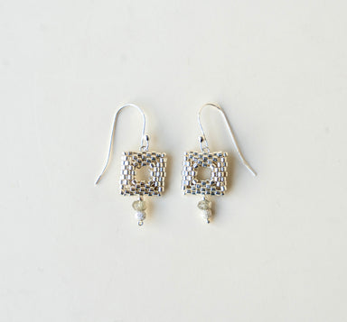 silver beaded square drop earrings