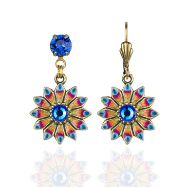 Pair of colorful flower-shaped earrings with blue centers