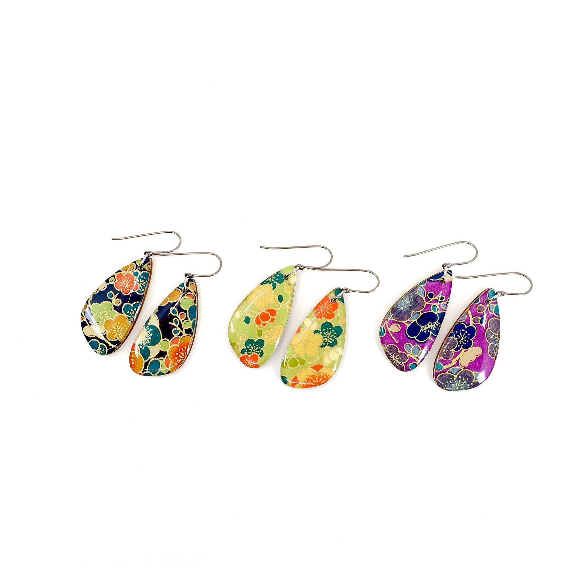 Elegant display of Floral Japanese Chiyogami earrings - Navy, highlighting the beautiful design and delicate craft of these nickel-free earrings.