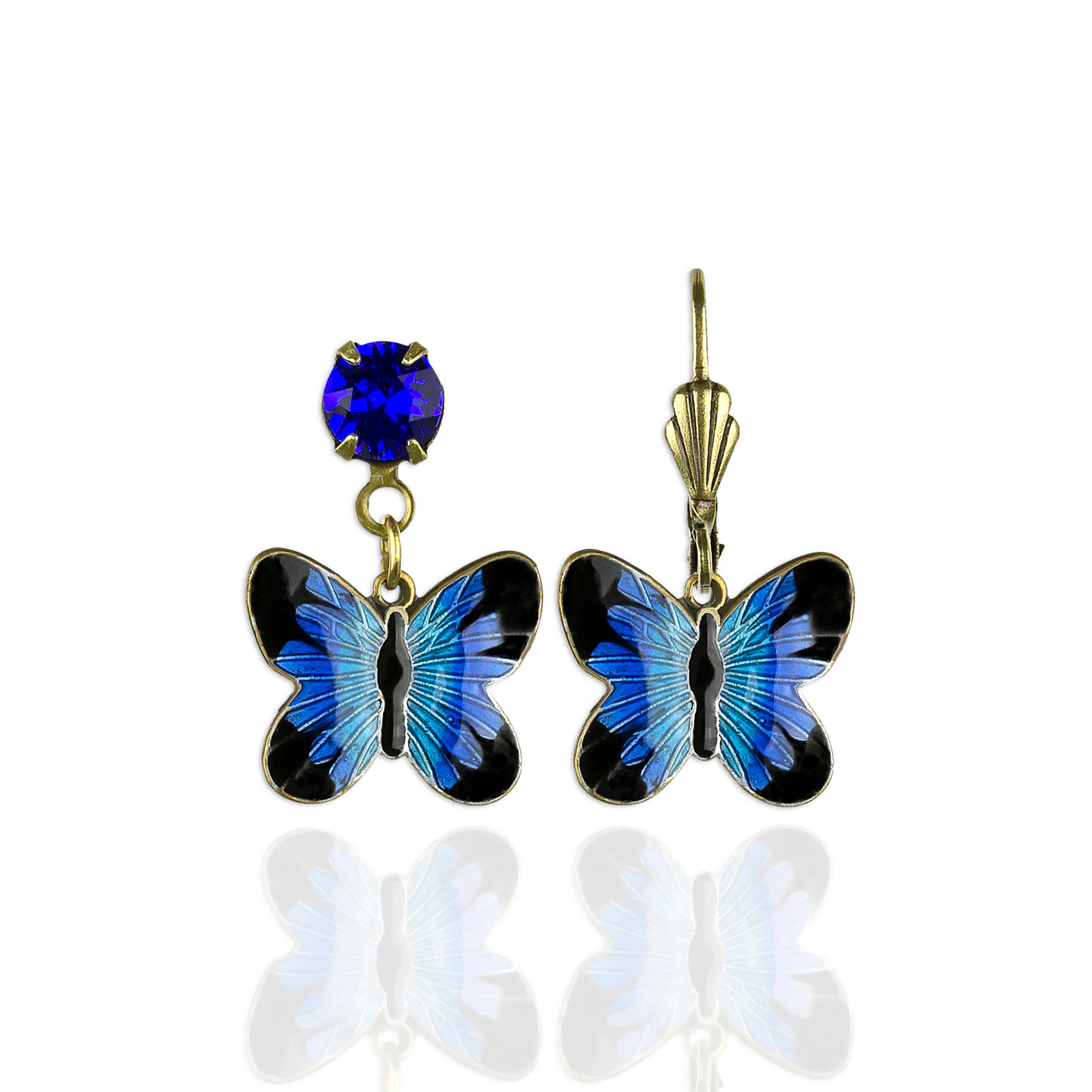 Blue butterfly earrings with gold accents and blue gemstone