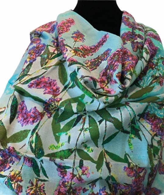 Purple Posies cotton scarf by Nina J, limited-edition wearable art inspired by nature