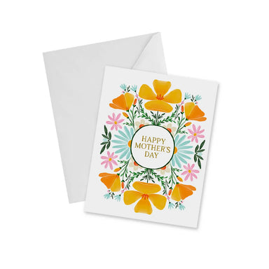Artisans & agency Mother's Day Card Collection showcasing a vibrant floral design with bright orange and pink flowers, celebrating Mother's Day with a cheerful and colorful aesthetic.