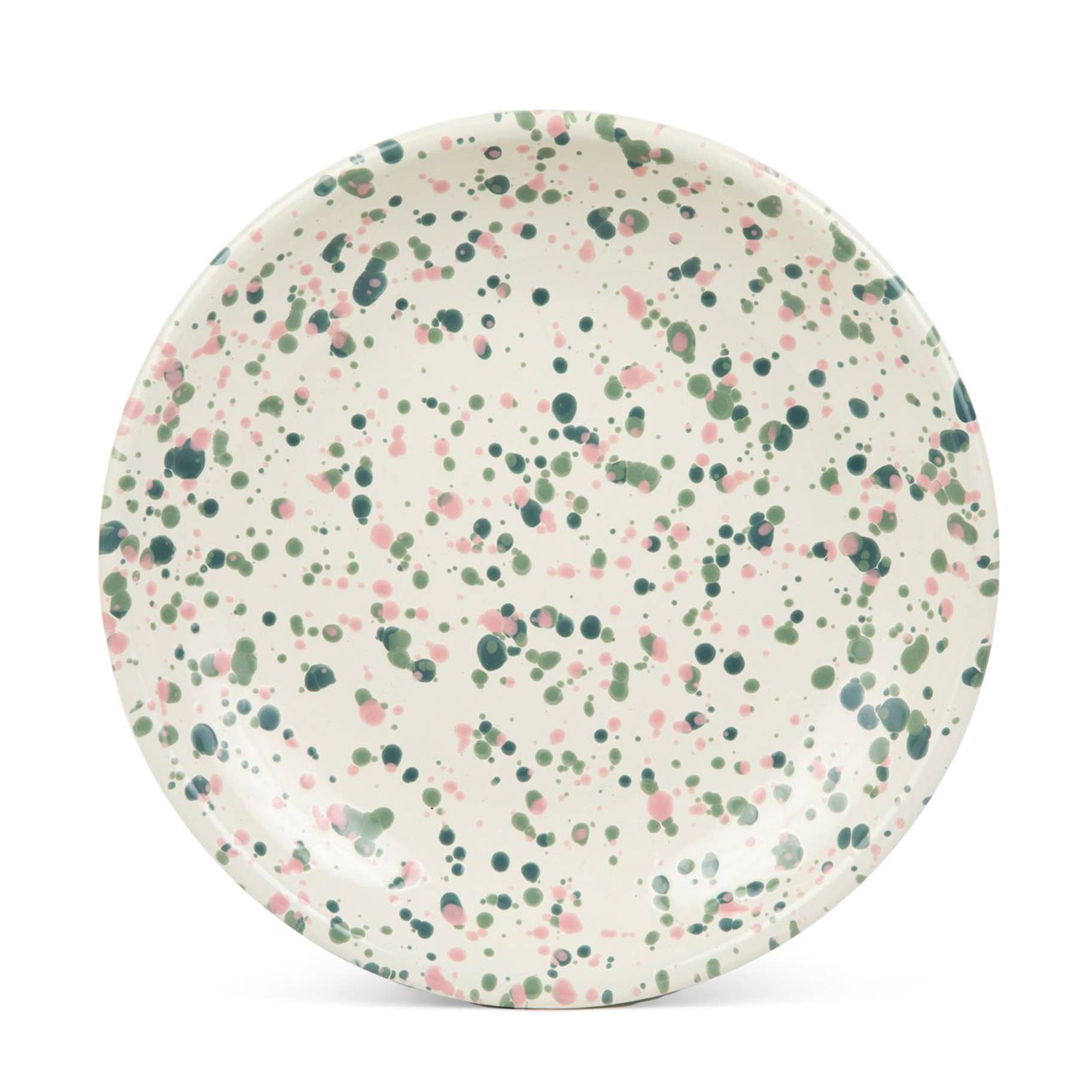 Catalina Enamelware Coupe Dinner Plate by Crow Canyon Home featuring a Desert Rose pattern, showcasing a colorful speckled design on a lightweight, durable surface.