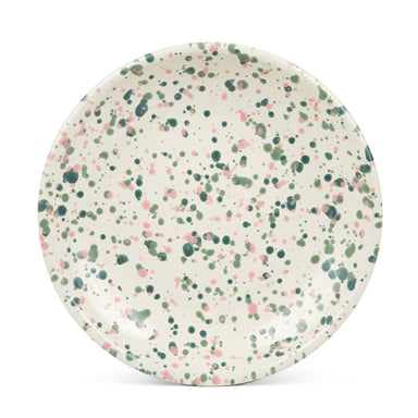 Catalina Enamelware Coupe Dinner Plate by Crow Canyon Home featuring a Desert Rose pattern, showcasing a colorful speckled design on a lightweight, durable surface.
