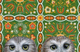 Framed art print of two owls on a patterned background.