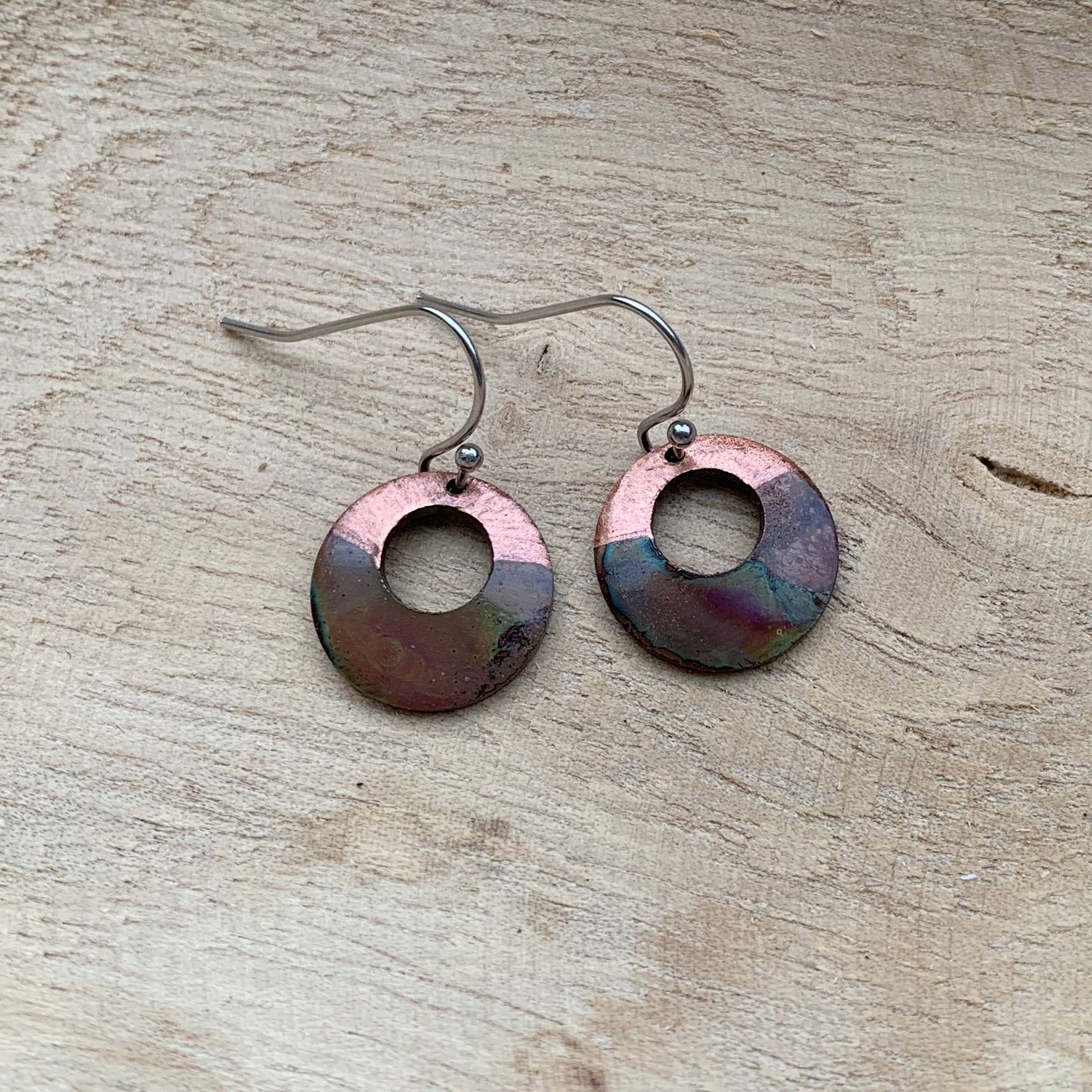 Small circle fire painted copper earrings
