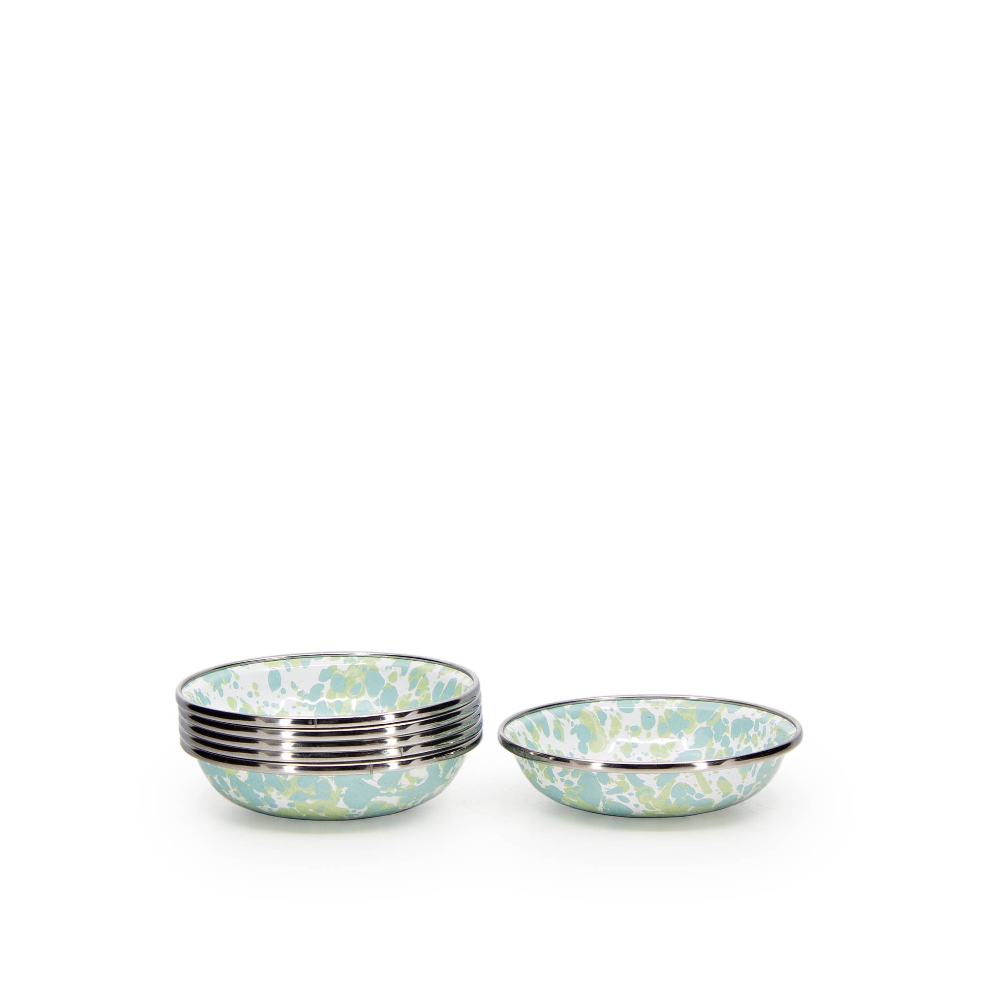 Crow Canyon Home Enamelware Jardin Tasting Dishes stacked together, showcasing the beautiful Jardin swirl pattern. Ideal for catering, tasting rooms, and gifting with a versatile footprint for foodservice.