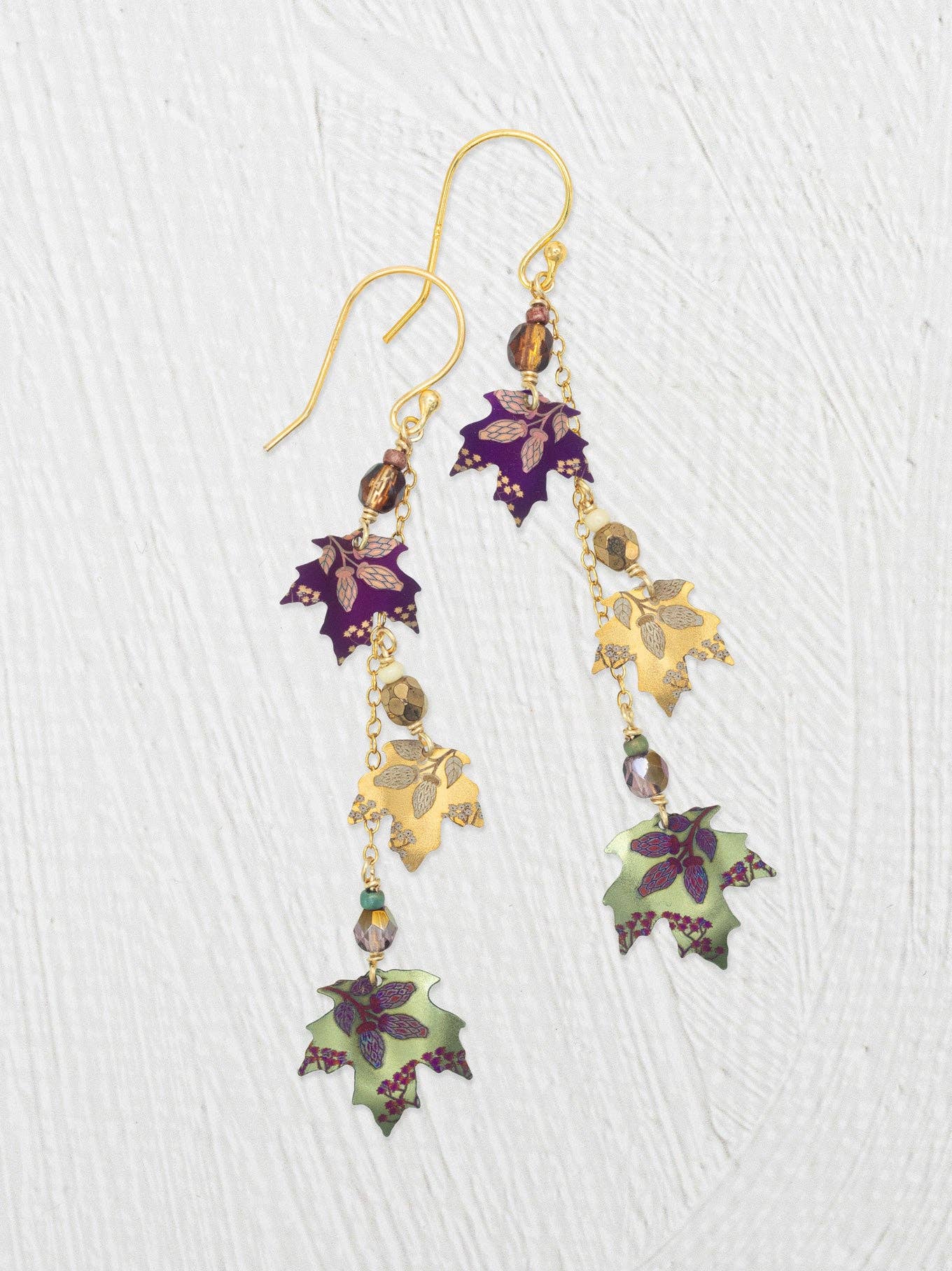 Maple Chime Earrings by Holly Yashi - Autumn leaves in plum, gold, and green that won't fall off your ears like real ones do!