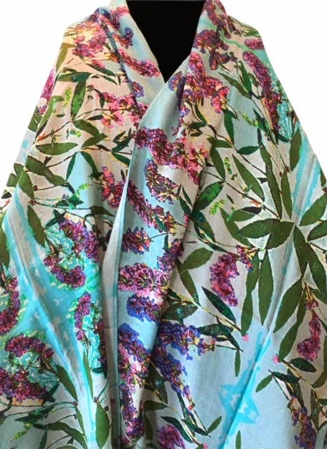 Purple Posies cotton scarf by Nina J, limited-edition wearable art inspired by nature