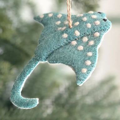 Cheerful Felt Sea Creature Ornament featuring a blue stingray, adding rustic charm to holiday decor.