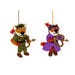Two felt fox ornaments dressed as Robin Hood and warrior, each holding bows and arrows