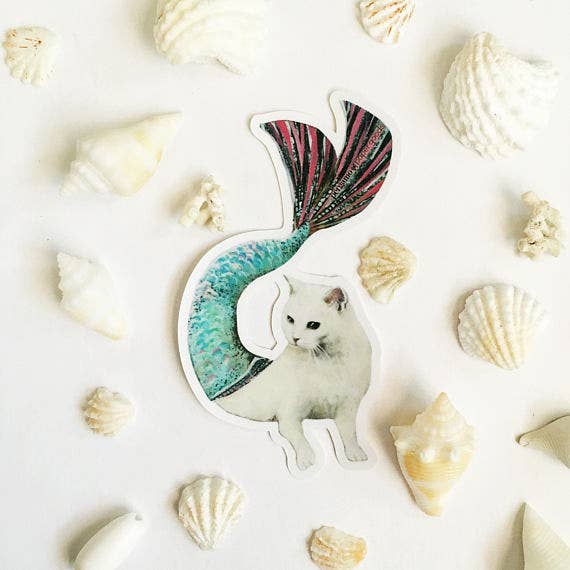 White cat mermaid vinyl sticker