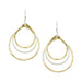 Tiered Teardrop Earring by Marjorie Baer showcasing three hammered teardrop rings in brass and silver. Delicate and elegant design with graceful movement, perfect for easy wear.