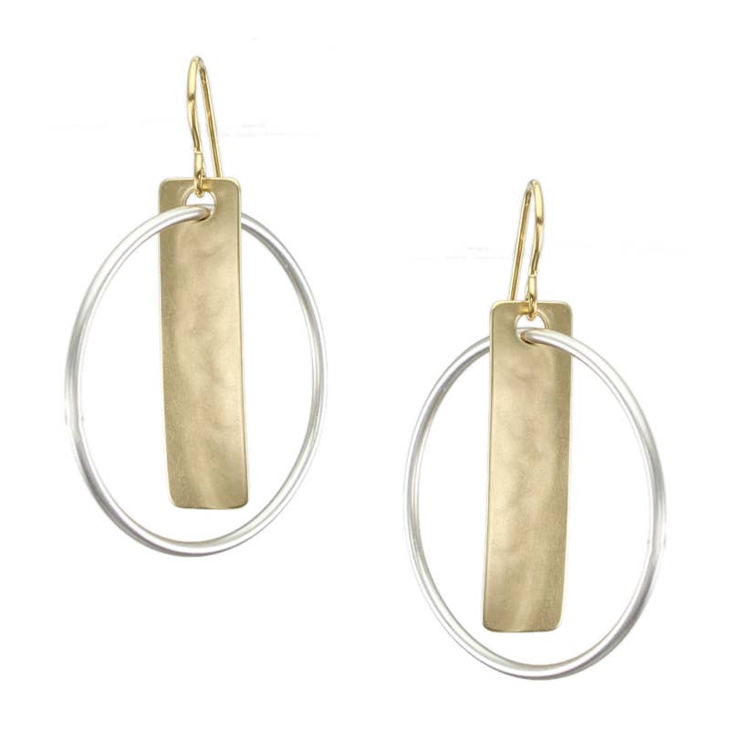 Stylish Rectangle with Interlocking Ring Earring by Marjorie Baer, showing a brass rectangle with a smooth silver ring, perfect for any outfit.