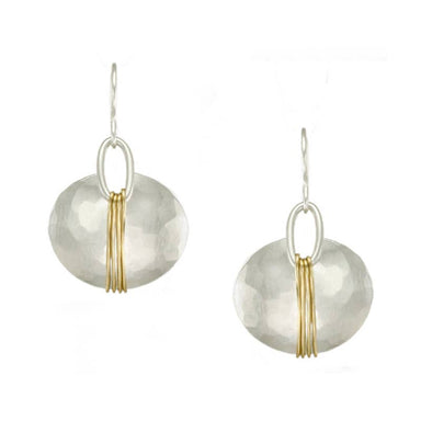 Wire-Wrapped Oval Earring showcasing a unique hammered design with a vertical wire wrap accent, measuring .9 inches wide by 1 inch long, available in silver and brass, perfect for adding an artistic touch to any outfit.