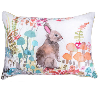 rabbit throw pillow with mushrooms