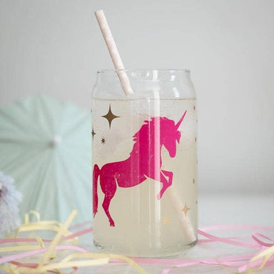 Unicorn Can Glass featuring a cotton candy pink unicorn silhouette with matte gold stars, perfect for fizzy soda and party vibes.