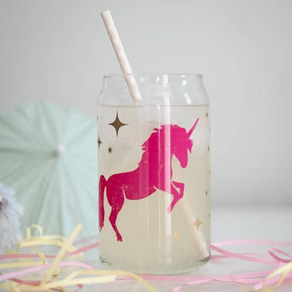 Unicorn Can Glass featuring a cotton candy pink unicorn silhouette with matte gold stars, perfect for fizzy soda and party vibes.