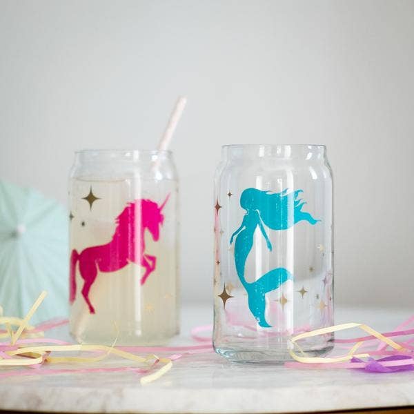 Stylish Unicorn Can Glass showcasing a whimsical unicorn design, ideal for serving drinks at parties, dishwasher safe and made in the USA.