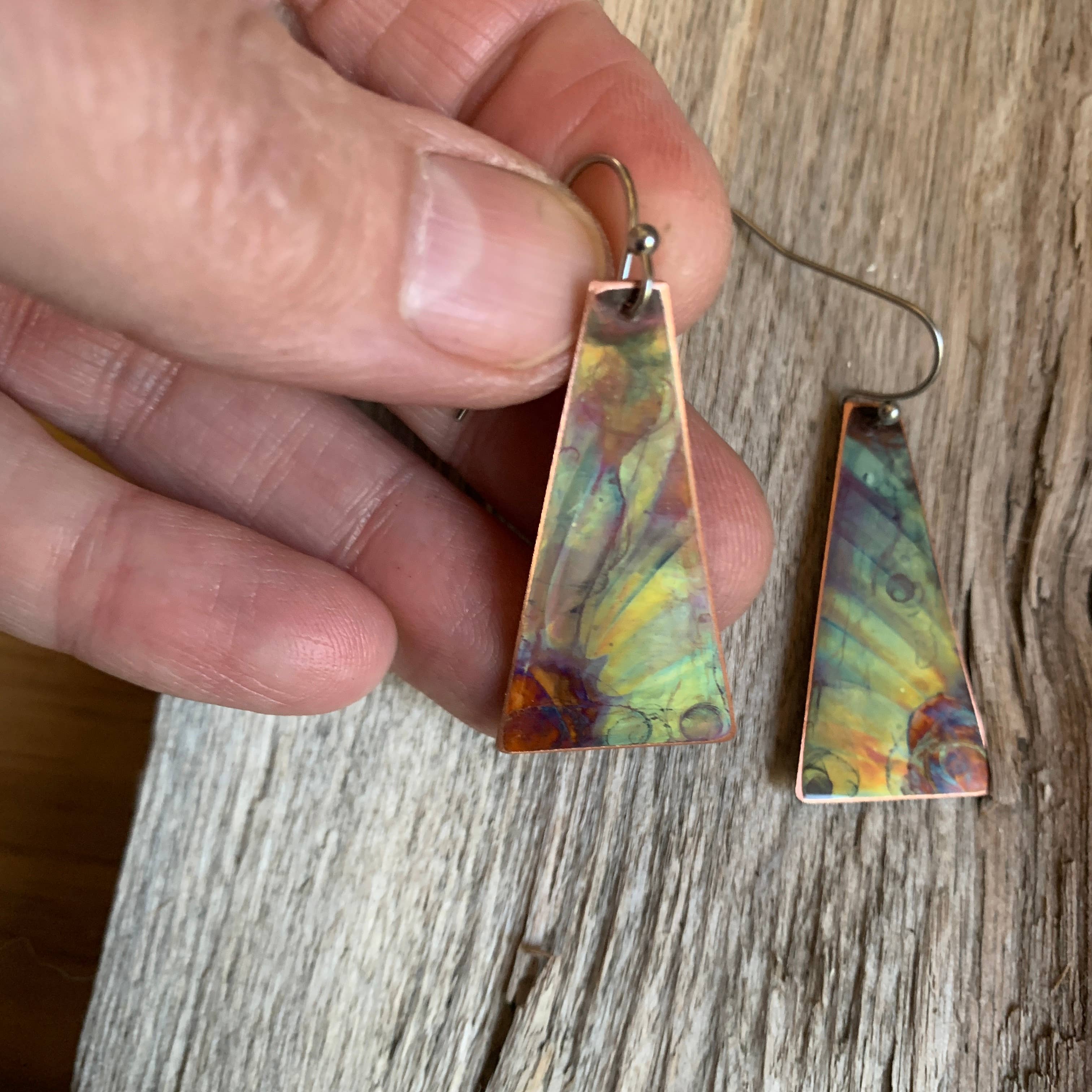 Artistic view of Triangle Dangle Earrings Flower highlighting their 1 3/4 inch length and unique flower patterns.