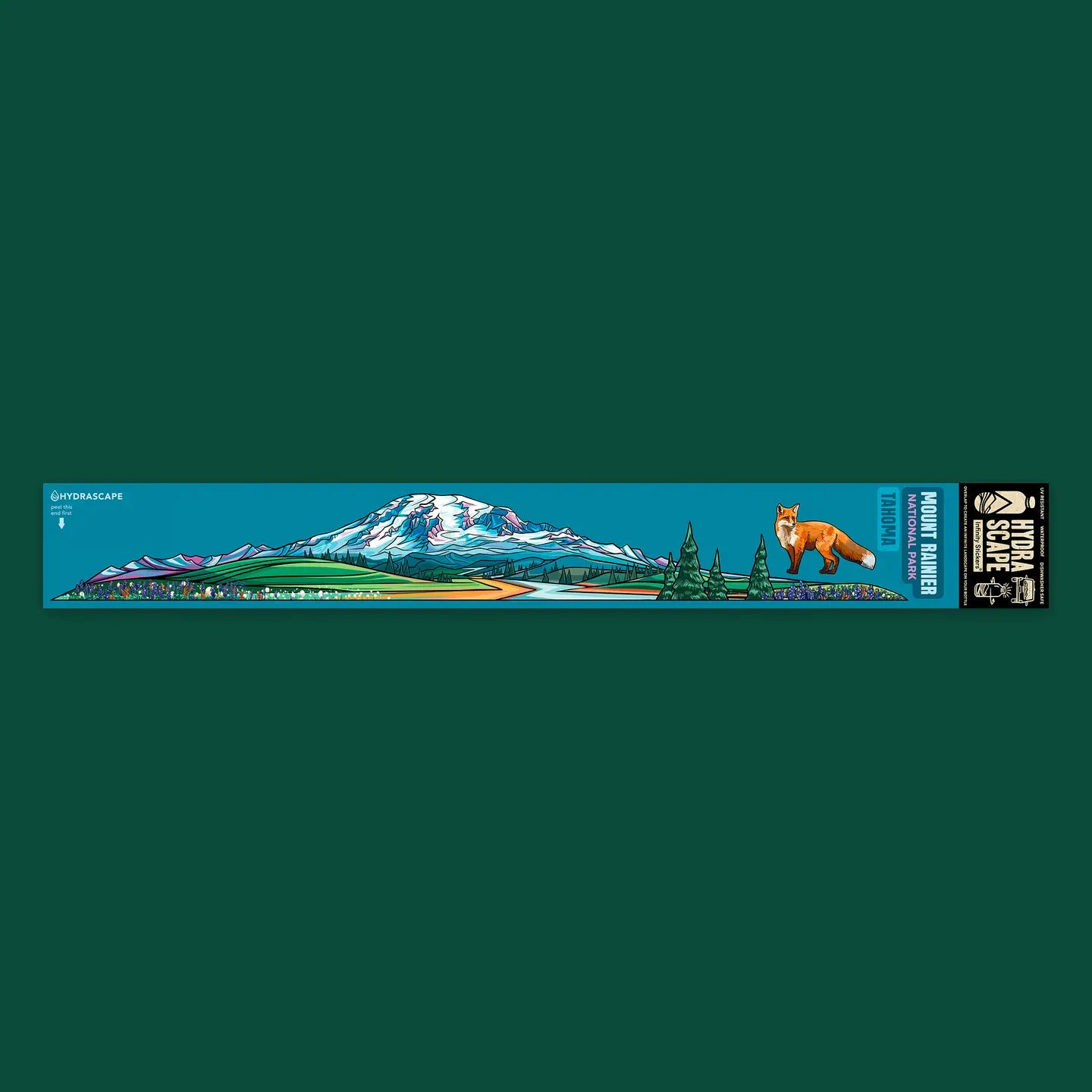 Hydrascape Sticker Collection featuring a vibrant 3.5" x 26" design with iconic North American scenery, including a fox and mountains, created by Hydrascape Stickers.