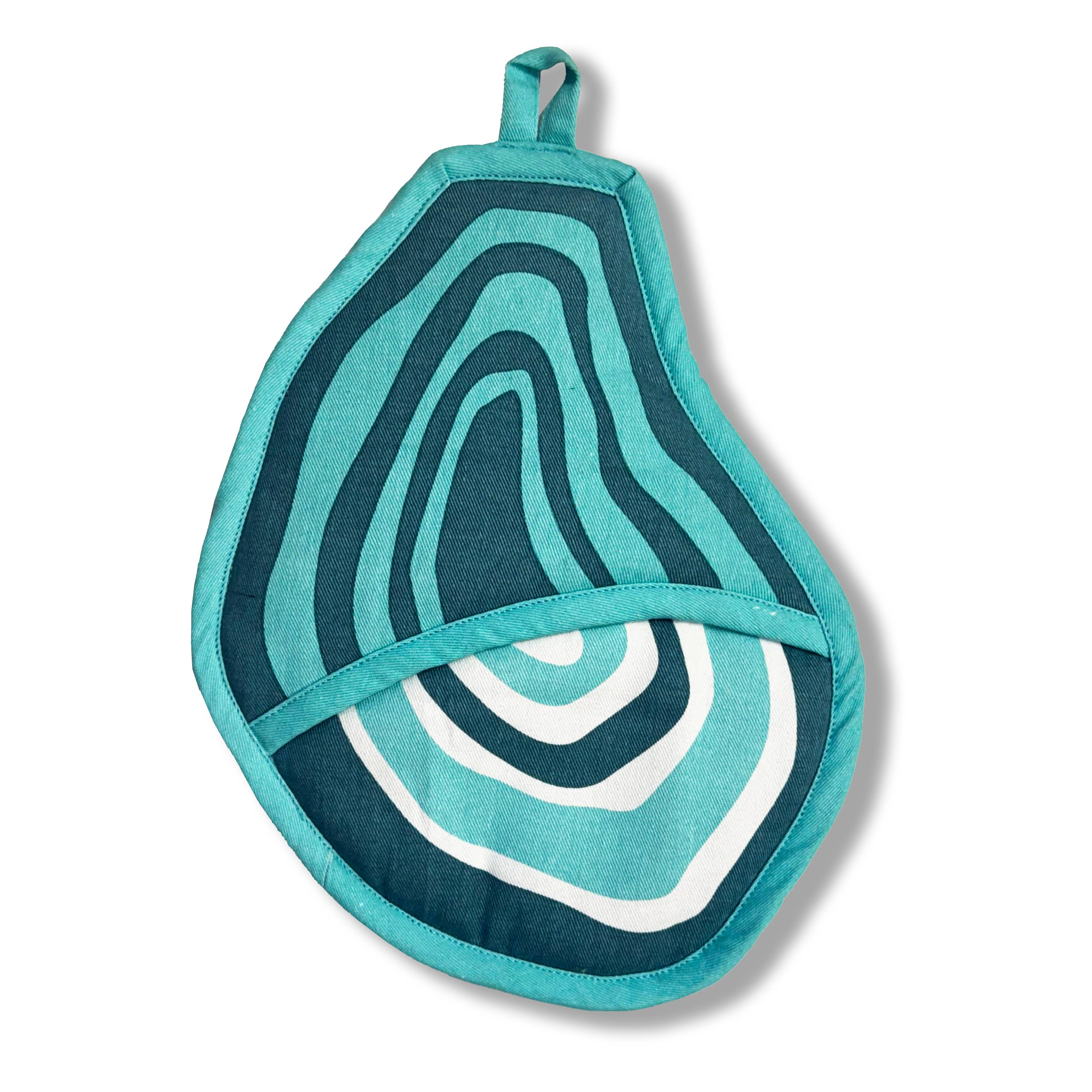 Oyster Pot Holder with Pocket from The Neighborgoods, featuring playful oyster shape and durable cotton fabric for safe handling of hot cookware.