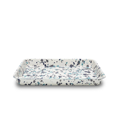 Catalina Enamelware Small Rectangle Tray by Crow Canyon Home featuring a colorful speckled design on a white base.