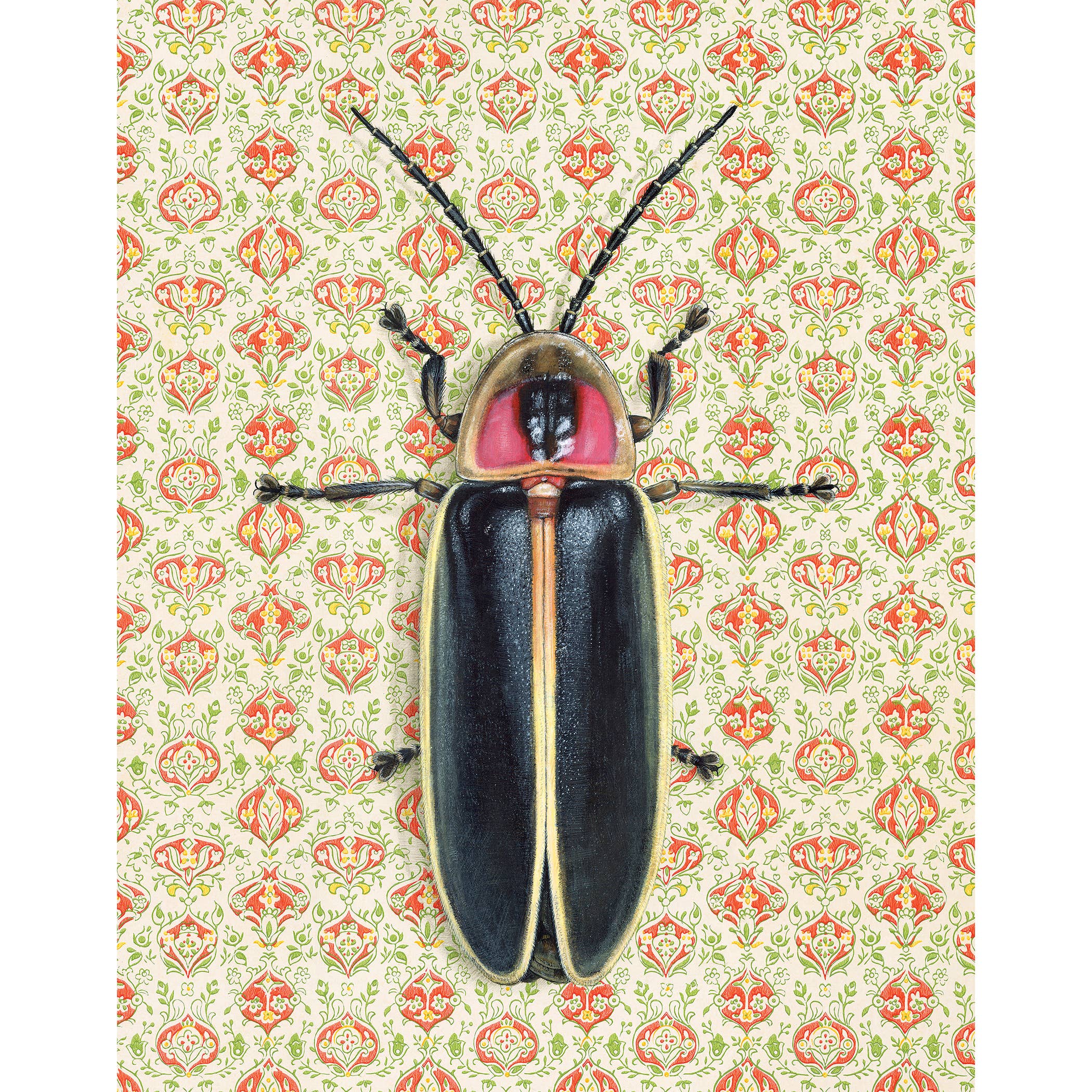 Detailed view of Goliath Beetle fine art print by Emily Uchytil, showcasing realistic insect illustration on ornate patterned wallpaper.
