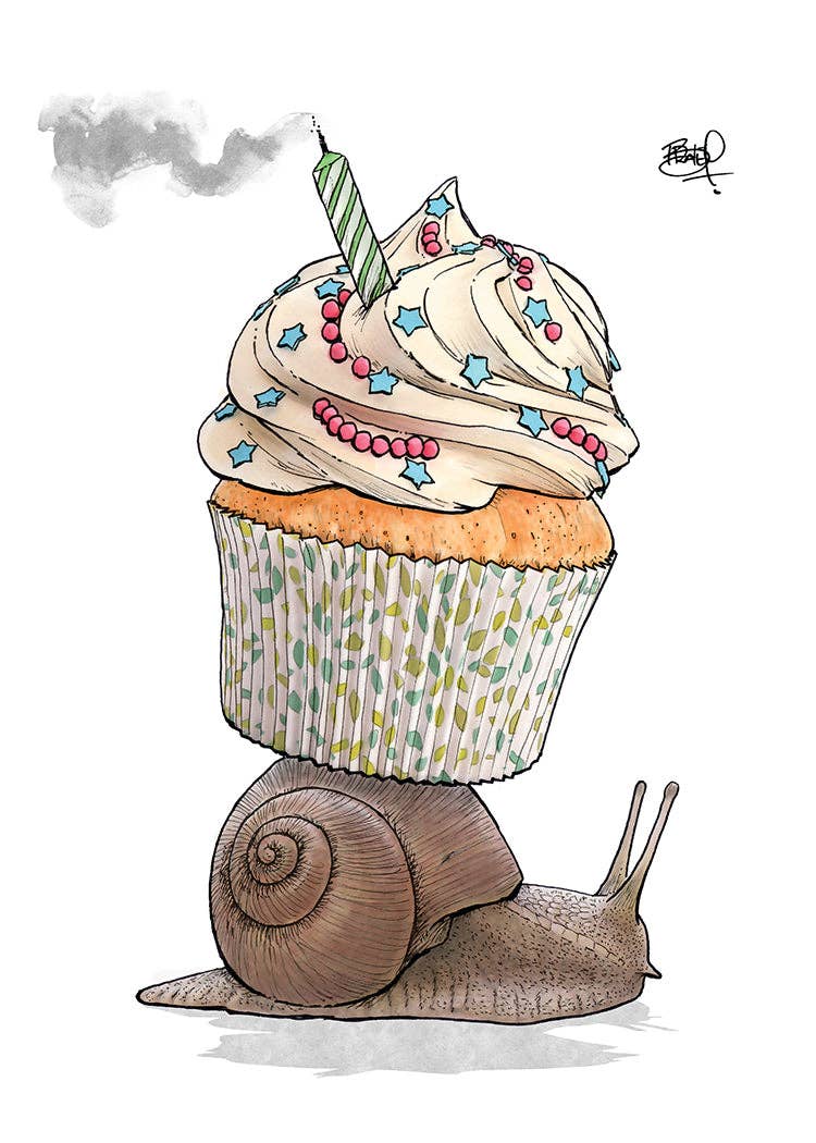Snail with a cupcake and a blown out candle, Belated Birthday greeting card