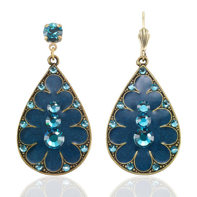 Teardrop-shaped earrings with blue floral design and gemstones 
