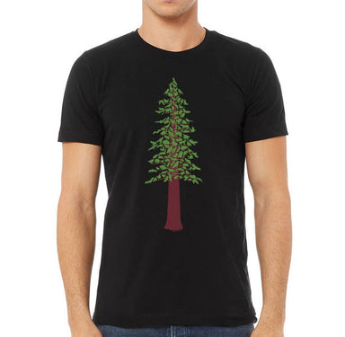 Black t-shirt with a greed redwood tree design