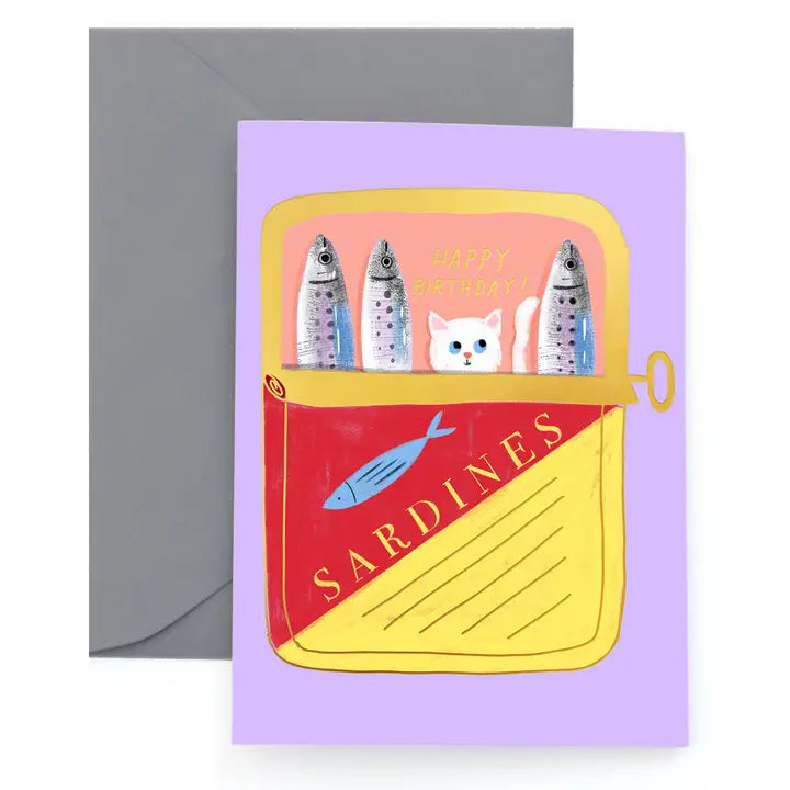 Happy Birthday sardines and cat greeting card