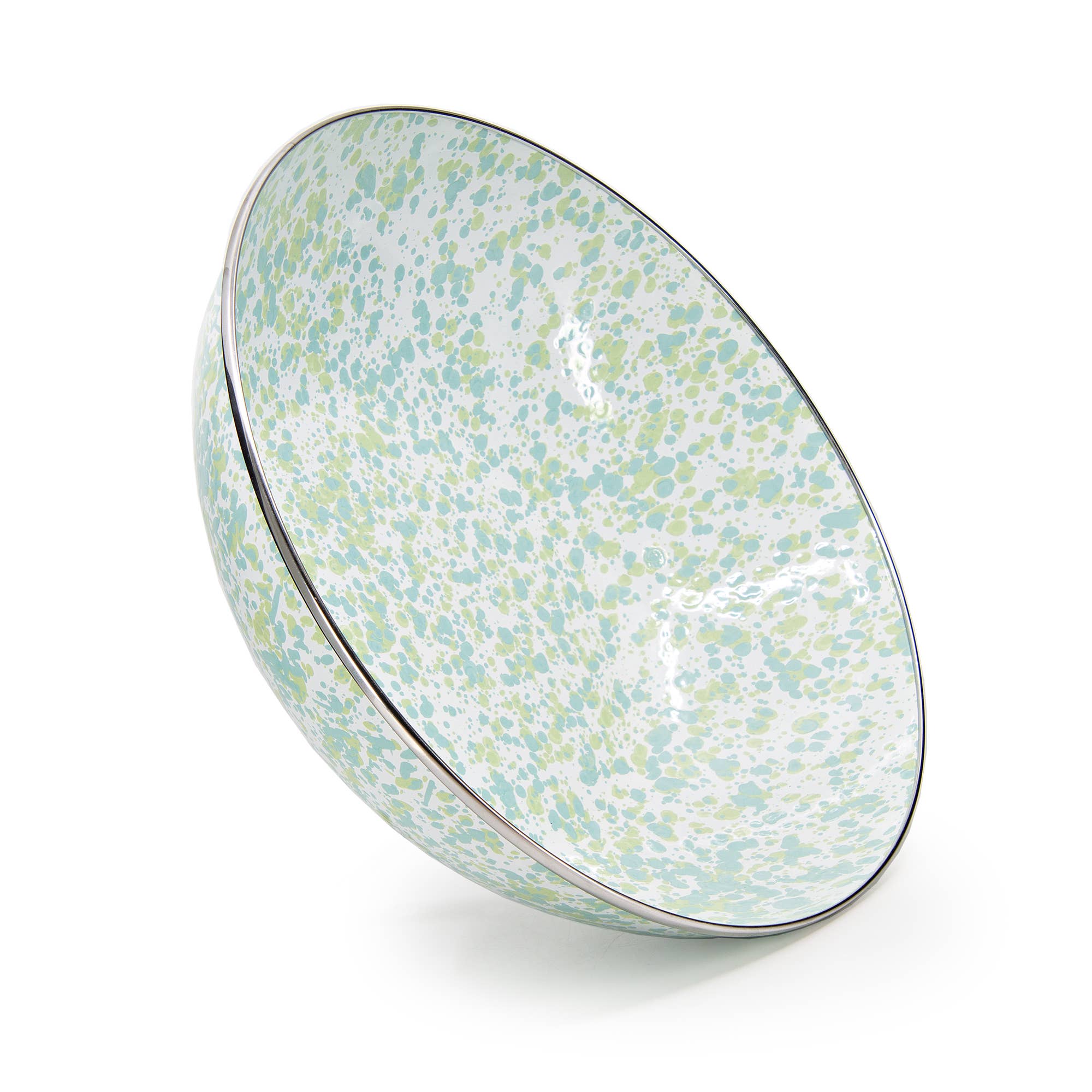Enamelware Jardin Catering Bowl by Crow Canyon Home, showcasing a Fern Green and Sky Blue swirl finish, angled view highlighting the bowl's deep profile and vibrant colors.