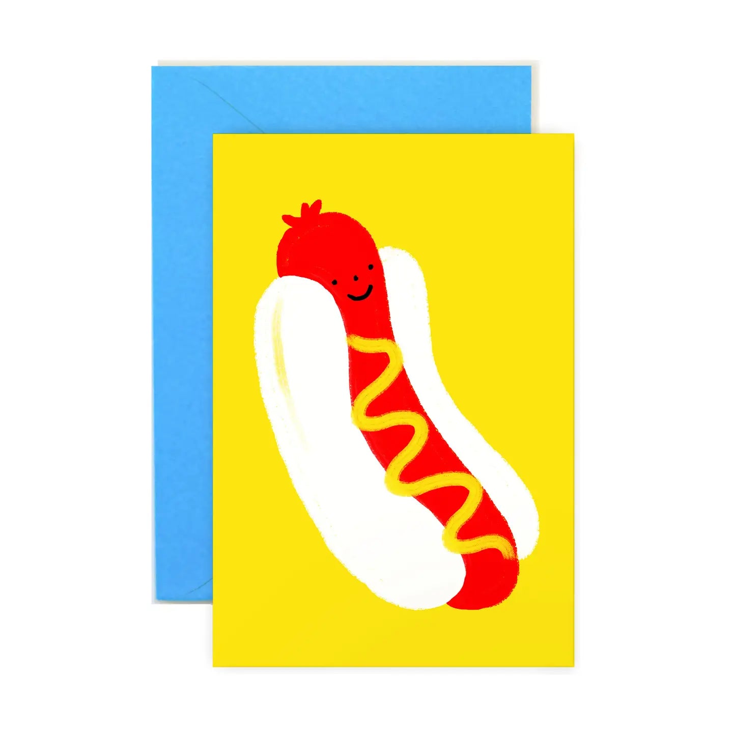Cheerful mini note card illustrating a smiling hot dog with mustard on a bright yellow background, accompanied by a blue envelope, included in the Karen Schipper Mini Note Card Collection.