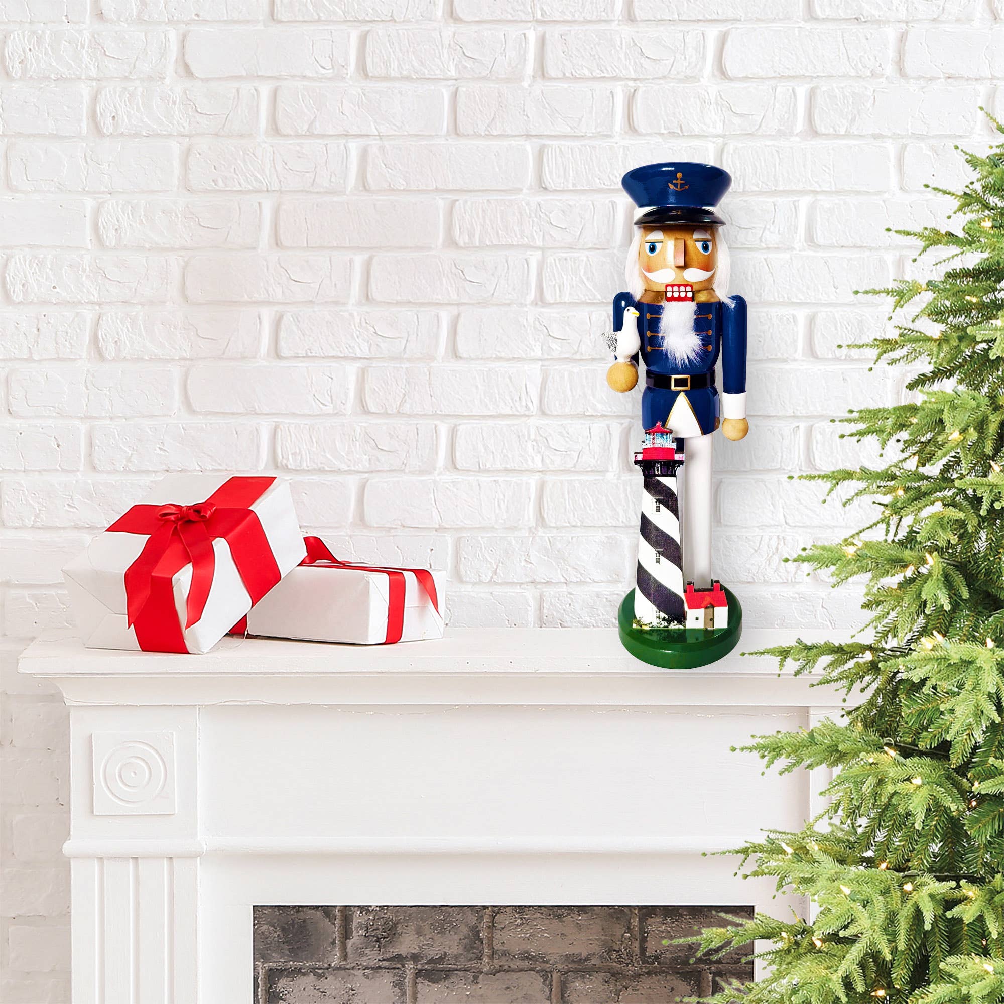 The 14” Master of the Lighthouse Nutcracker on a mantel, making sure not to wave at the neighbors while guarding the holiday cheer!