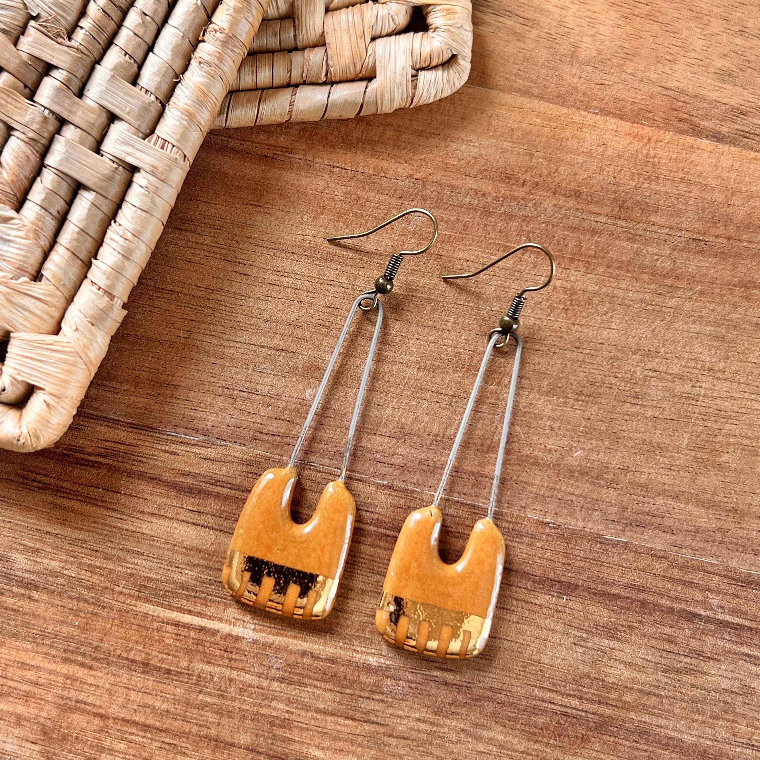 Orange Saddle Gold Dropped Rectangle Ceramic Earrings