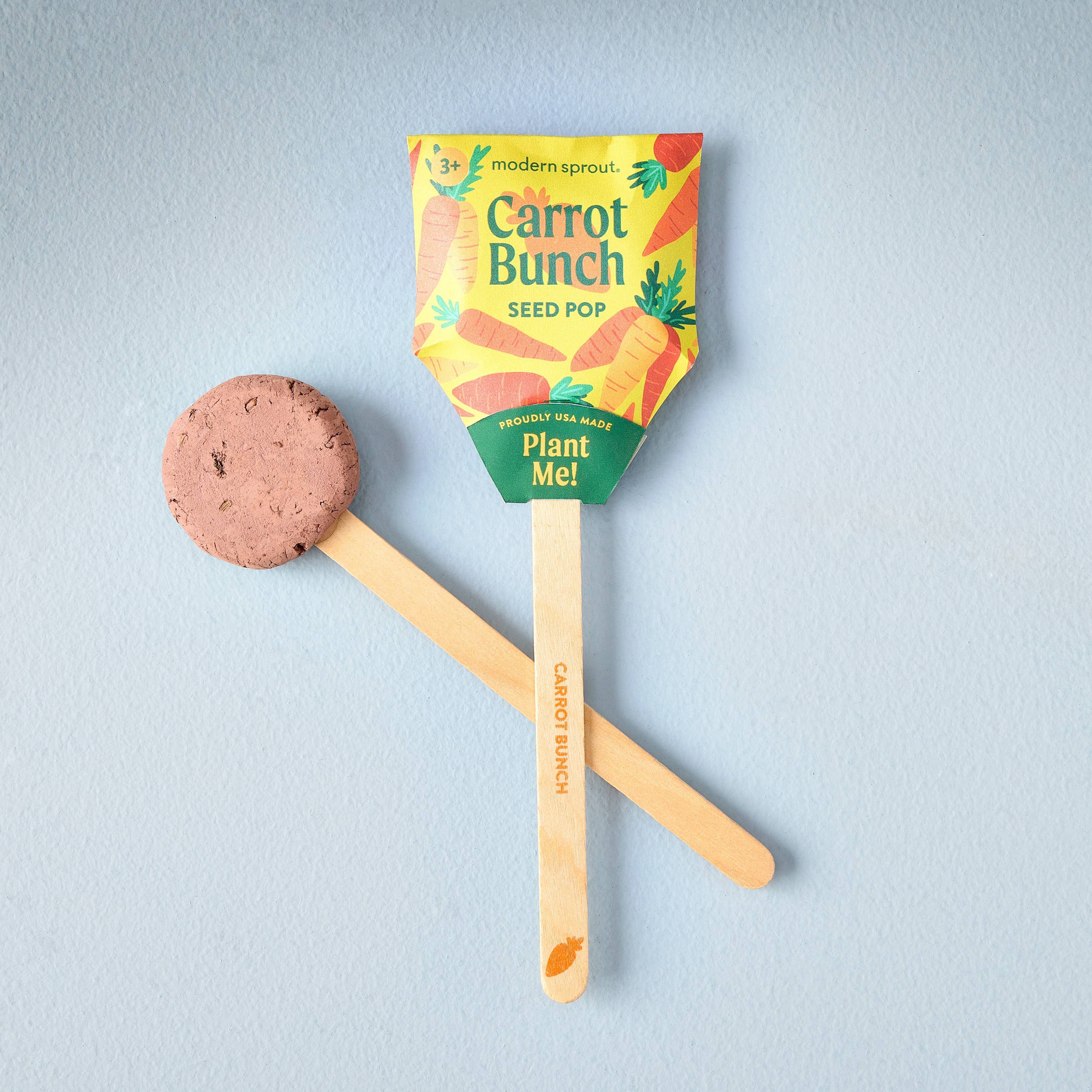 Carrot Bunch Seed Pop by Modern Sprout, displaying a clay seed disc and planting stick, perfect for growing carrots.