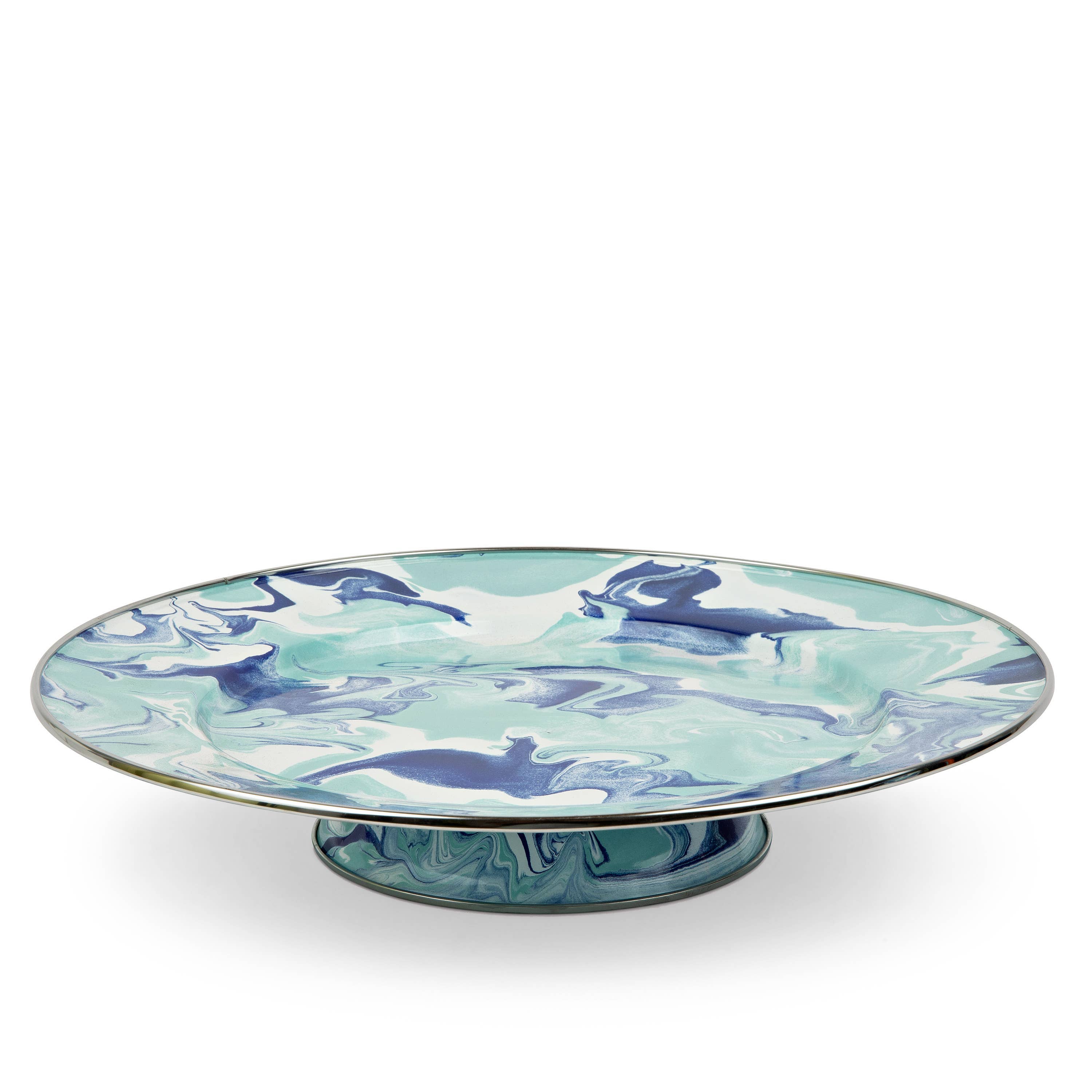 Crow Canyon Home Enamelware Lagoon Cake Plate featuring a captivating marbled design in cobalt blue and sea glass colors, measuring 12.5 inches in diameter.