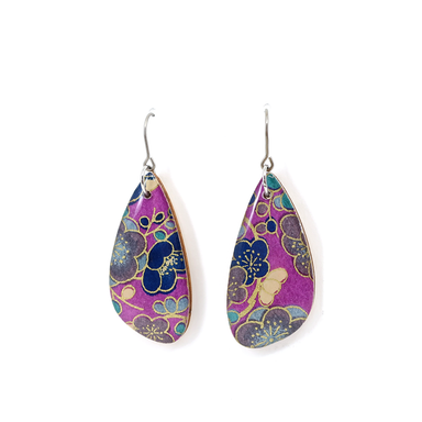 Floral Japanese Chiyogami earrings in purple, made with intricate patterned paper and durable UV-cured resin over a titanium wire hook, ideal for sensitive ears.