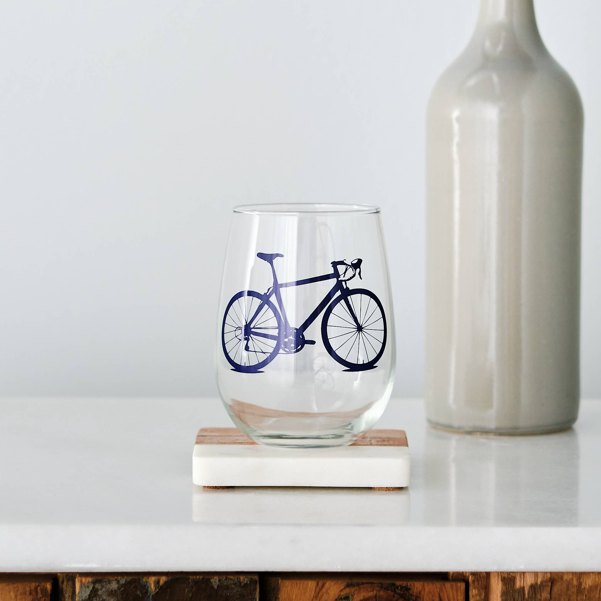 wine glass with black bicycle print