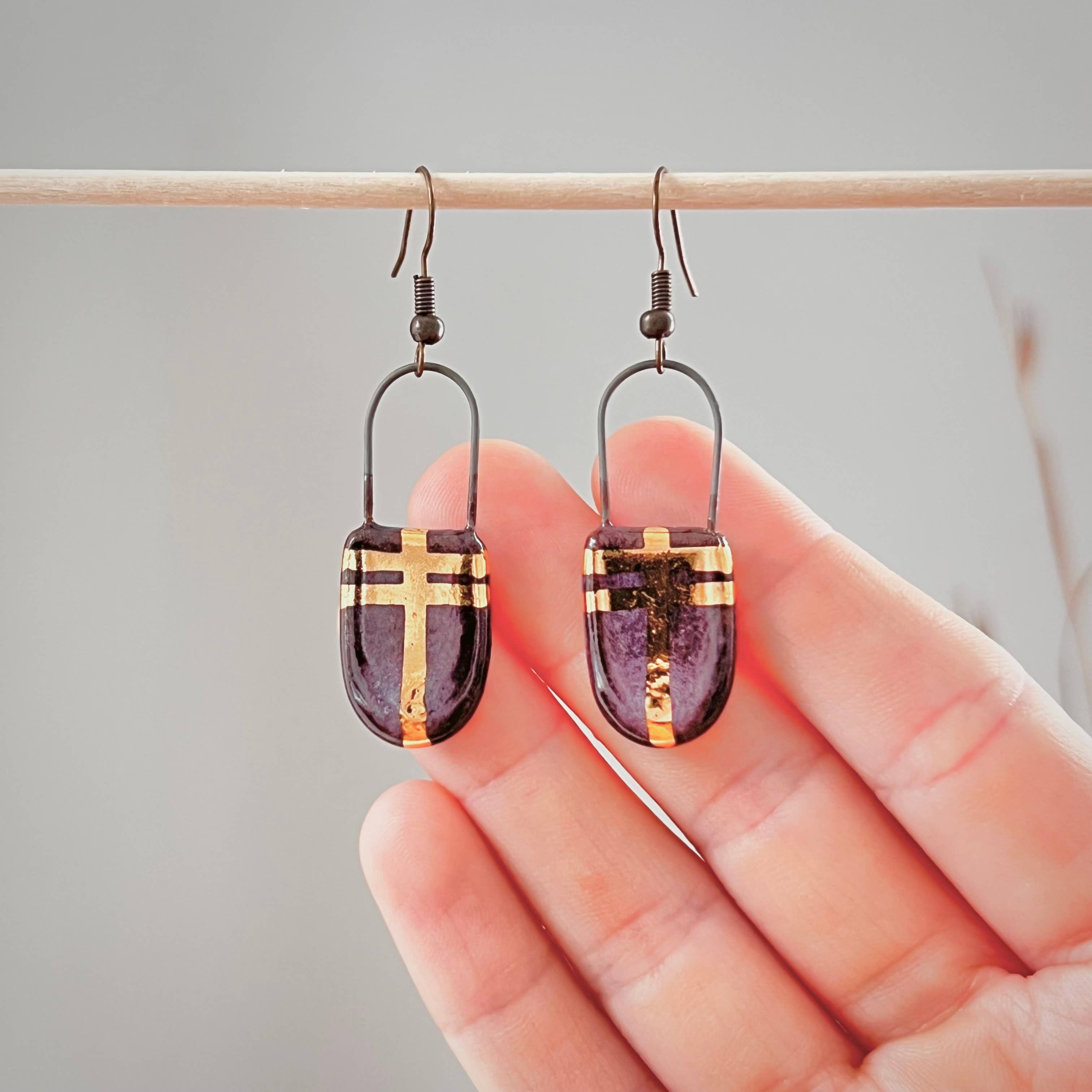 Eggplant Purple and Gold Rounded Earrings