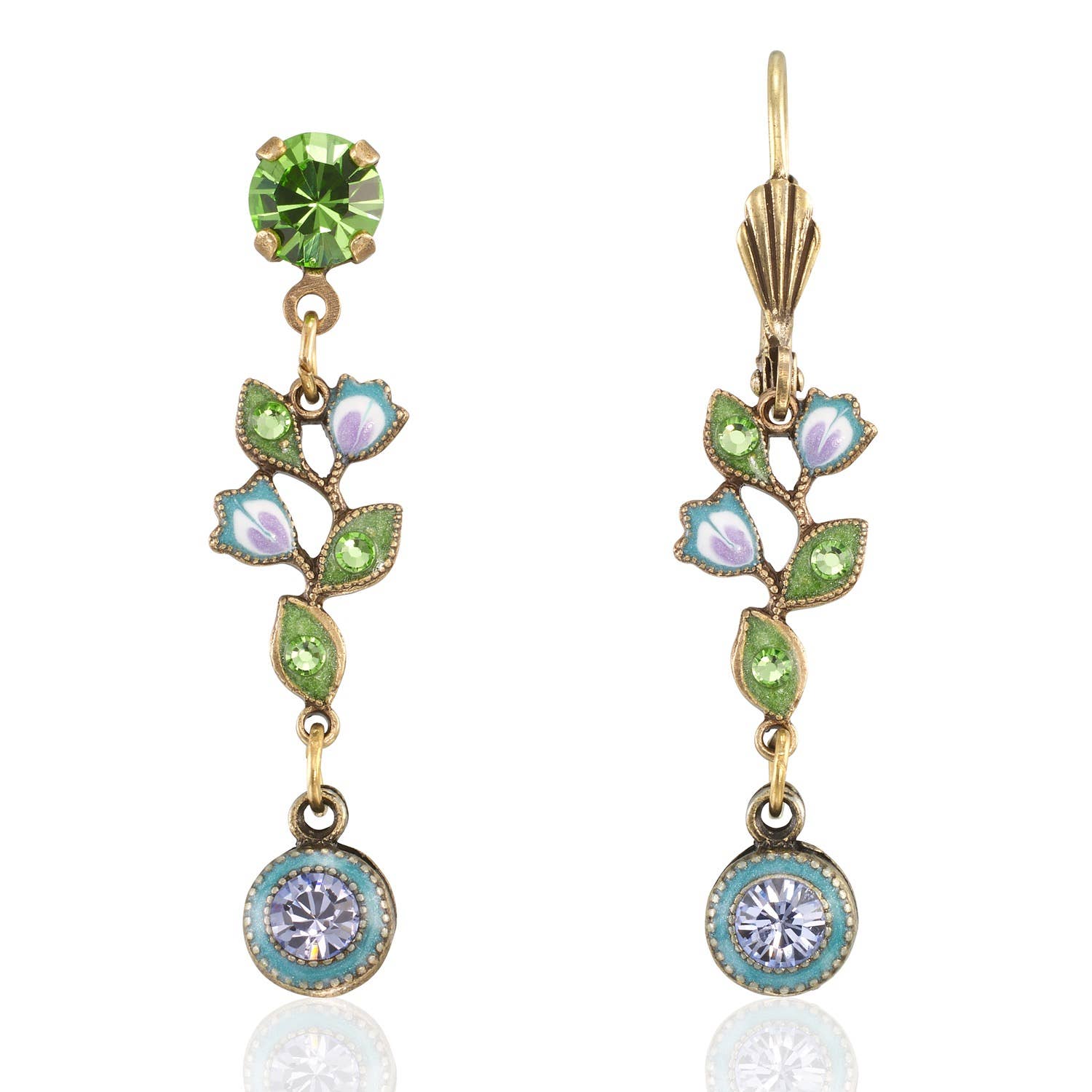 Brite Floral Garden Vine Crystal Tanzanite Drop Earring designed by Anne Koplik Designs, featuring delicate floral motifs in green and blue with sparkling crystals.