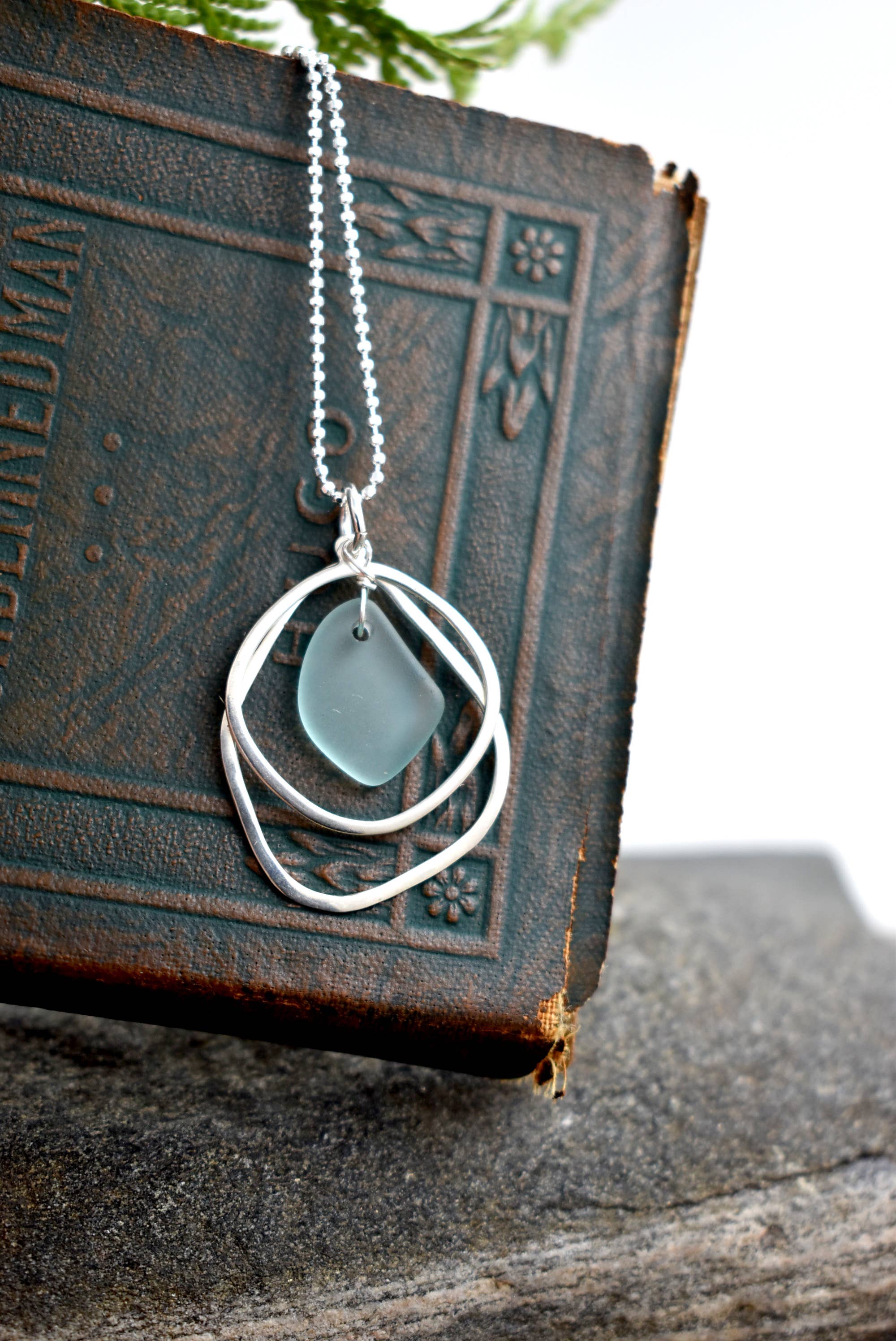 Organic double layer silver + glass pendant: 18 inch / AQUA