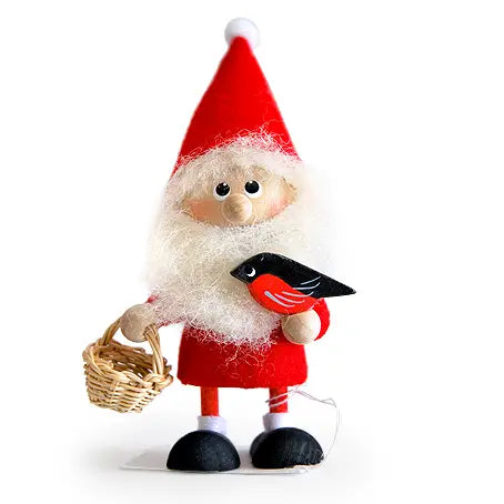 santa gnome holding a basket and blackbird